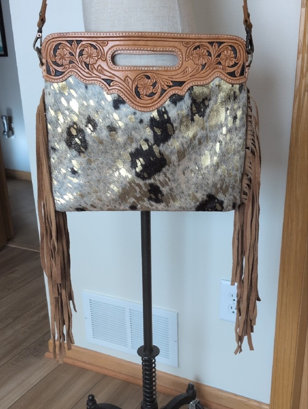 American Darling Gold, Black, Brown Tooled Leather and Cowhide Fringe Crossbody